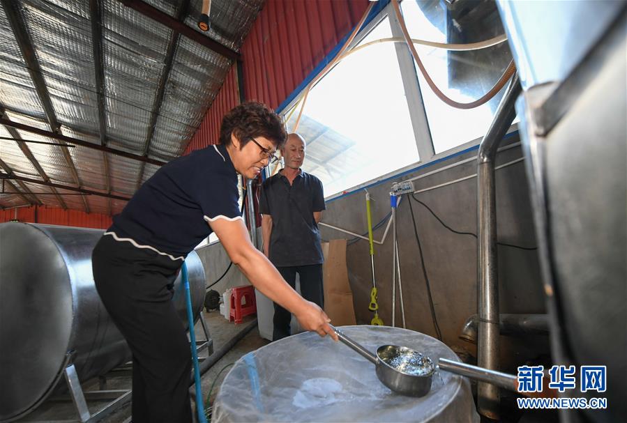 7月9日，管延麗在米酒生產(chǎn)車(chē)間展示新釀的米酒。新華社記者 林宏 攝