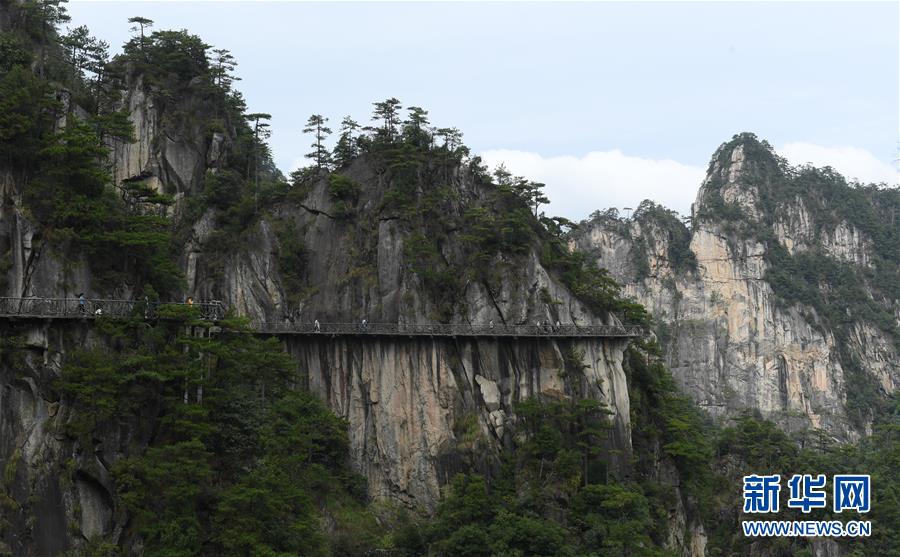 10月5日，游客在臨安區(qū)大明山景區(qū)游玩。 中秋和國慶假期，不少游客來到浙江杭州臨安區(qū)的山間游玩，和大自然親密接觸。 新華社記者 翁忻旸 攝