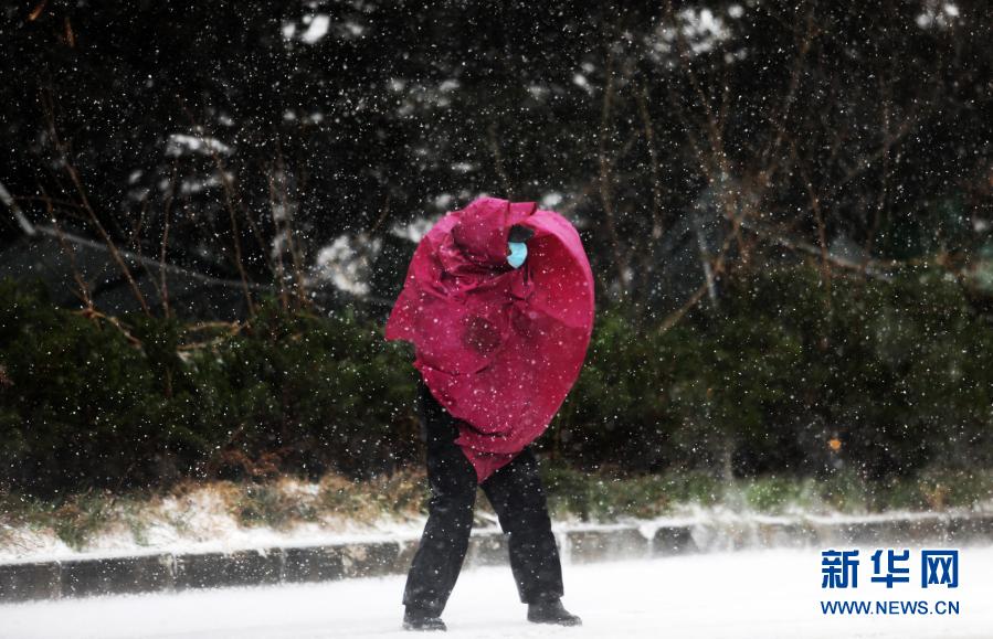 12月29日，在山東省臨沂市郯城縣街頭，一名行人在風(fēng)雪中艱難前行，雨衣被大風(fēng)吹起。當(dāng)日，入冬最強(qiáng)寒潮來襲，多地迎來降雪天氣。新華社發(fā)（王彥冰 攝）